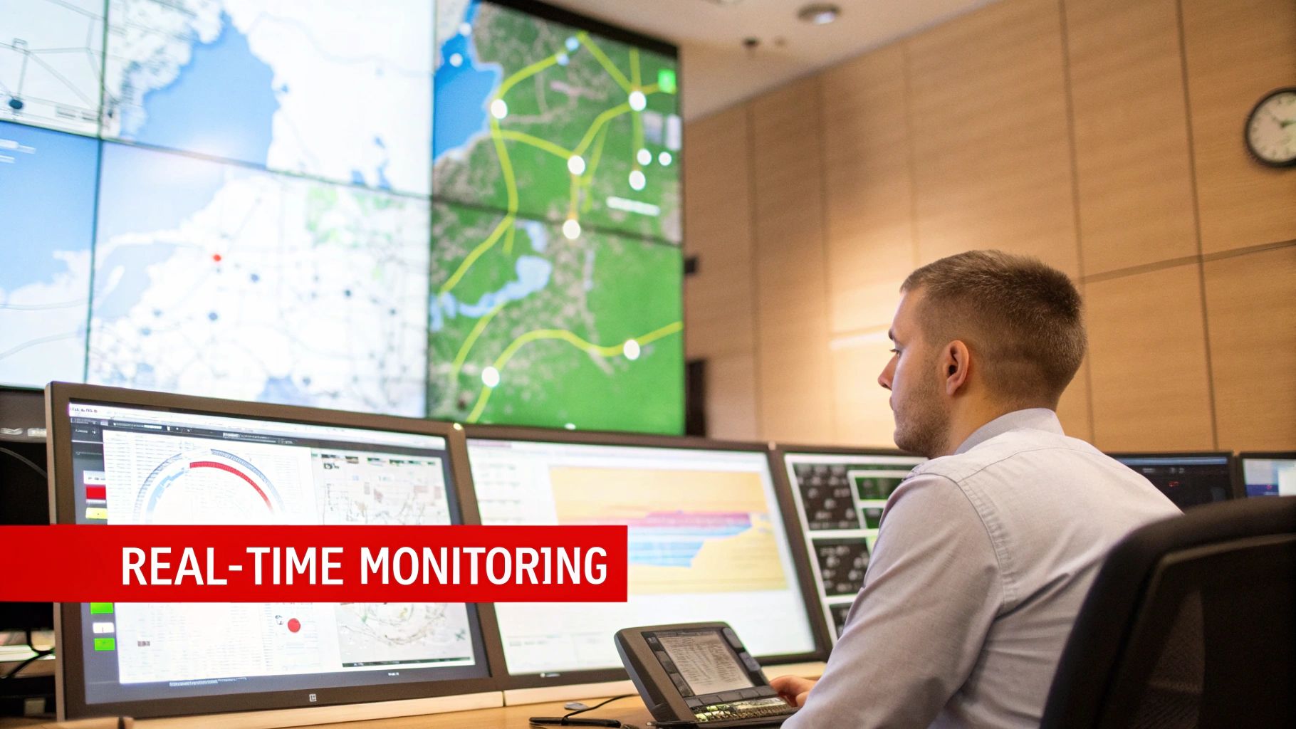 A man in a control room monitors multiple screens with real-time data and maps on large displays.