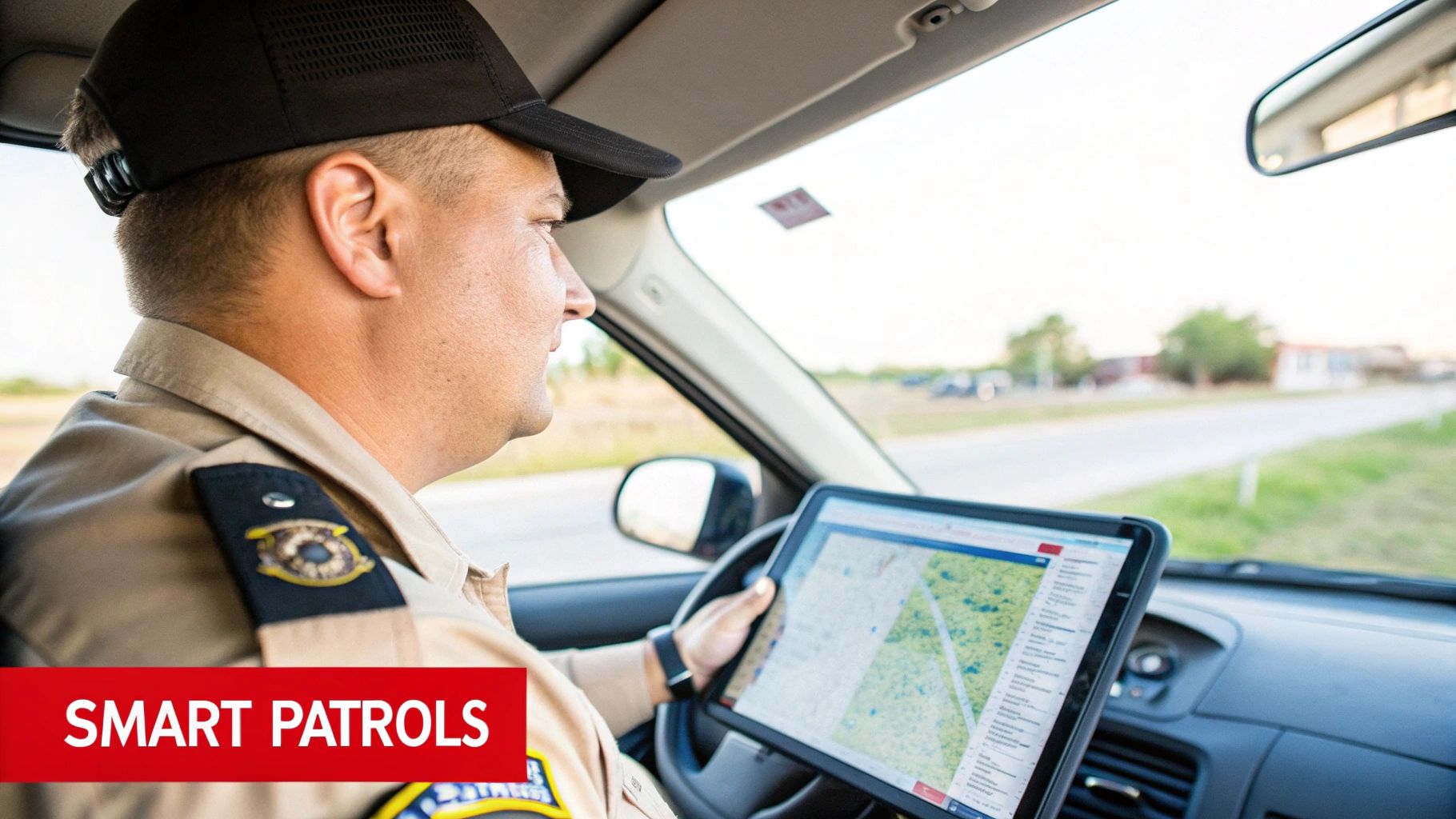 A security officer using a tablet to file a digital report, with a patrol vehicle in the background.