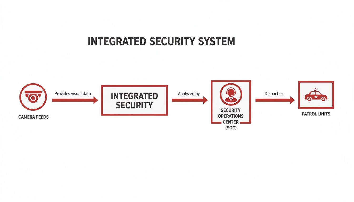 Flowchart illustrating an integrated security system: camera feeds, integrated security, SOC, and patrol units.