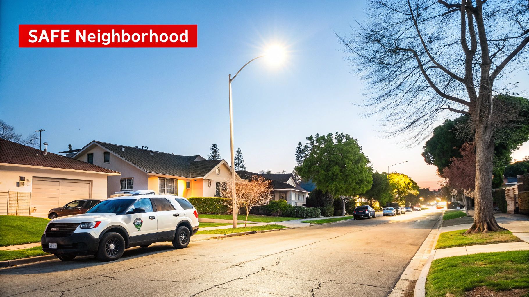 A security officer in uniform walking toward a marked patrol vehicle in a well-lit parking area.