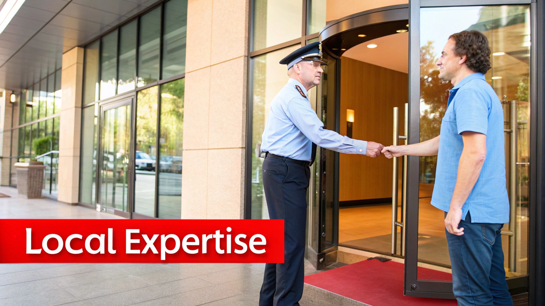 Security guard shaking hands with a client at a building entrance, showcasing local expertise in professional security services.