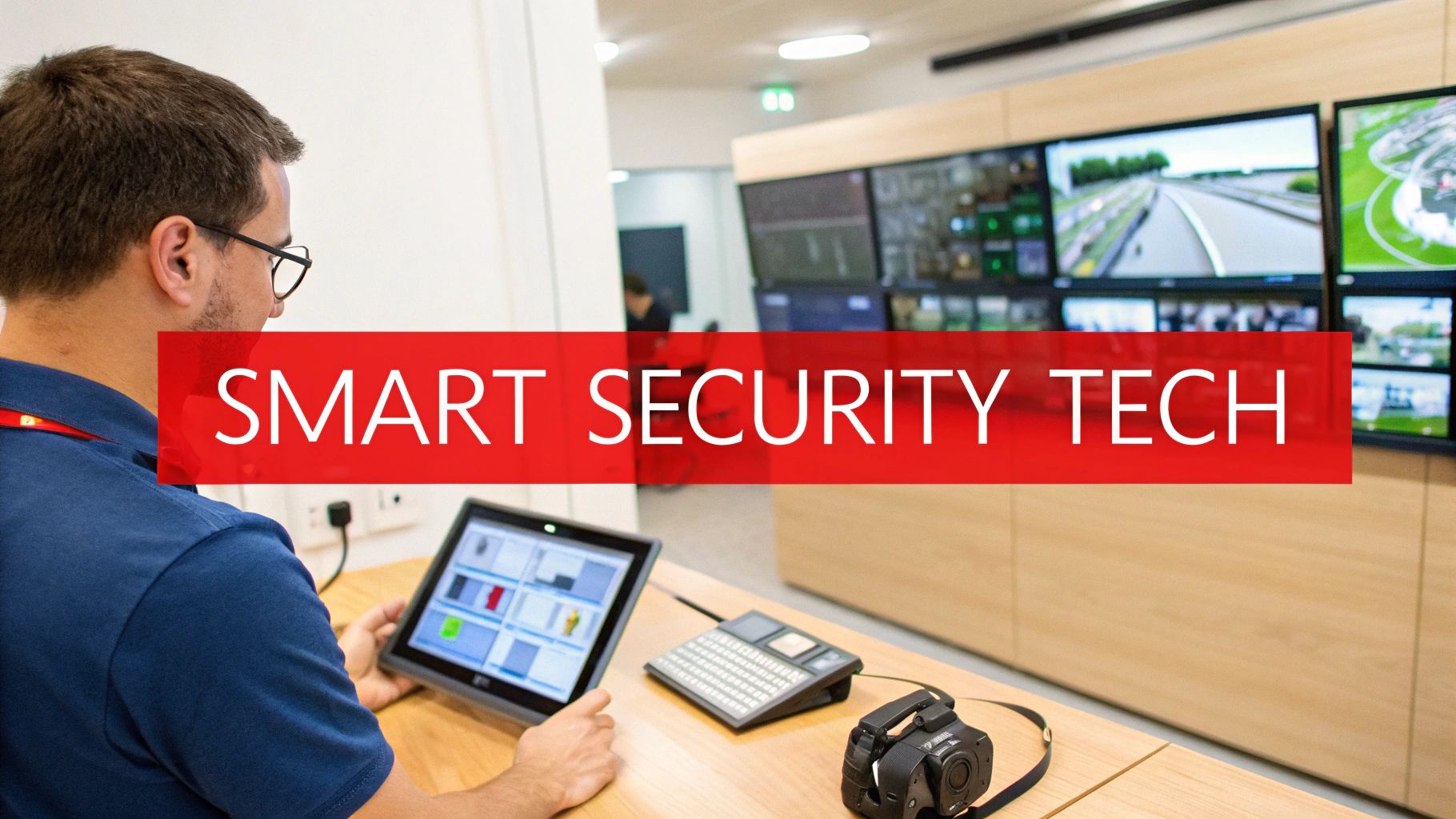 A security operations center with multiple screens showing surveillance feeds