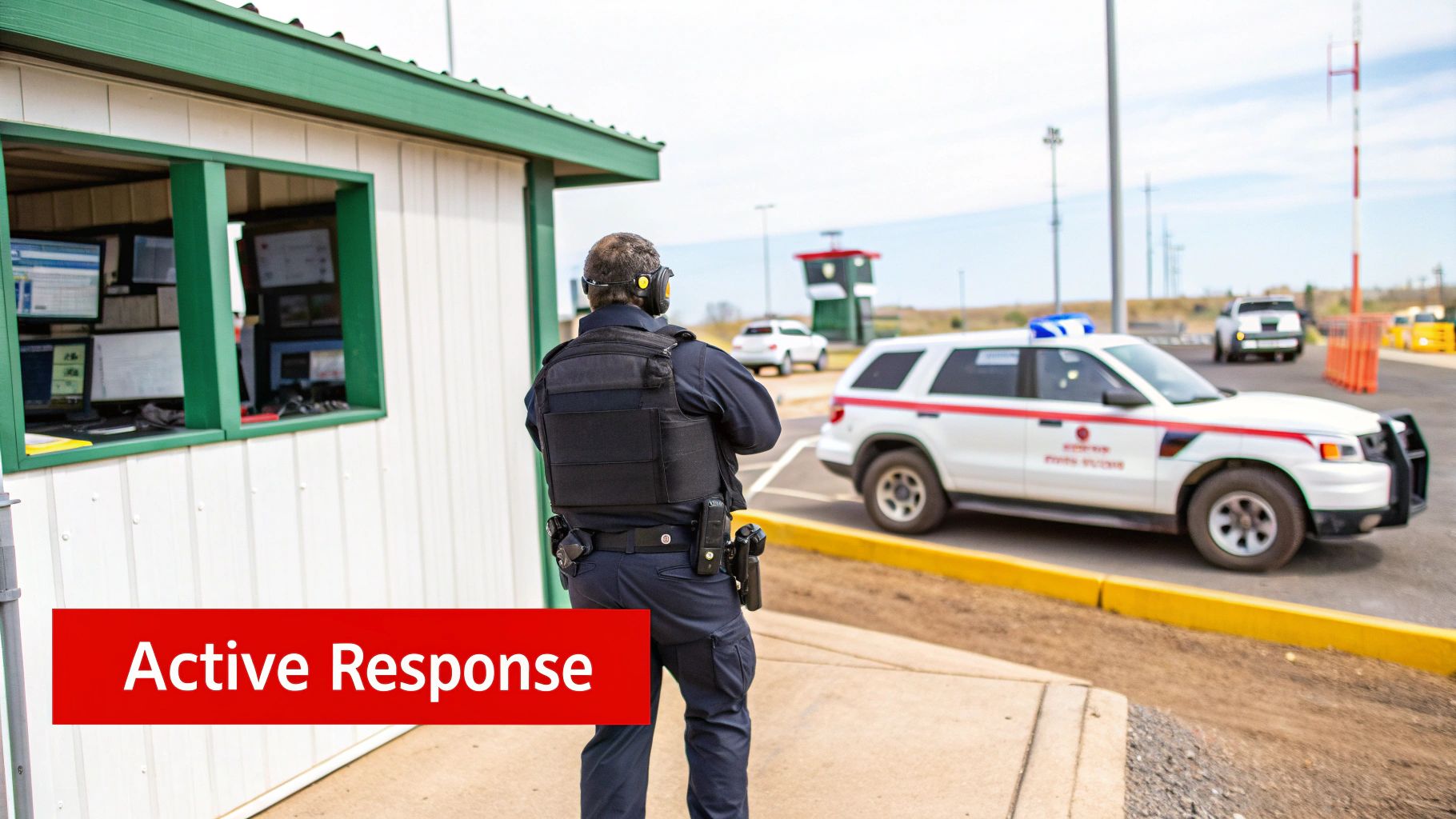 A security officer in tactical gear stands near a checkpoint with a patrol car, suggesting active response.