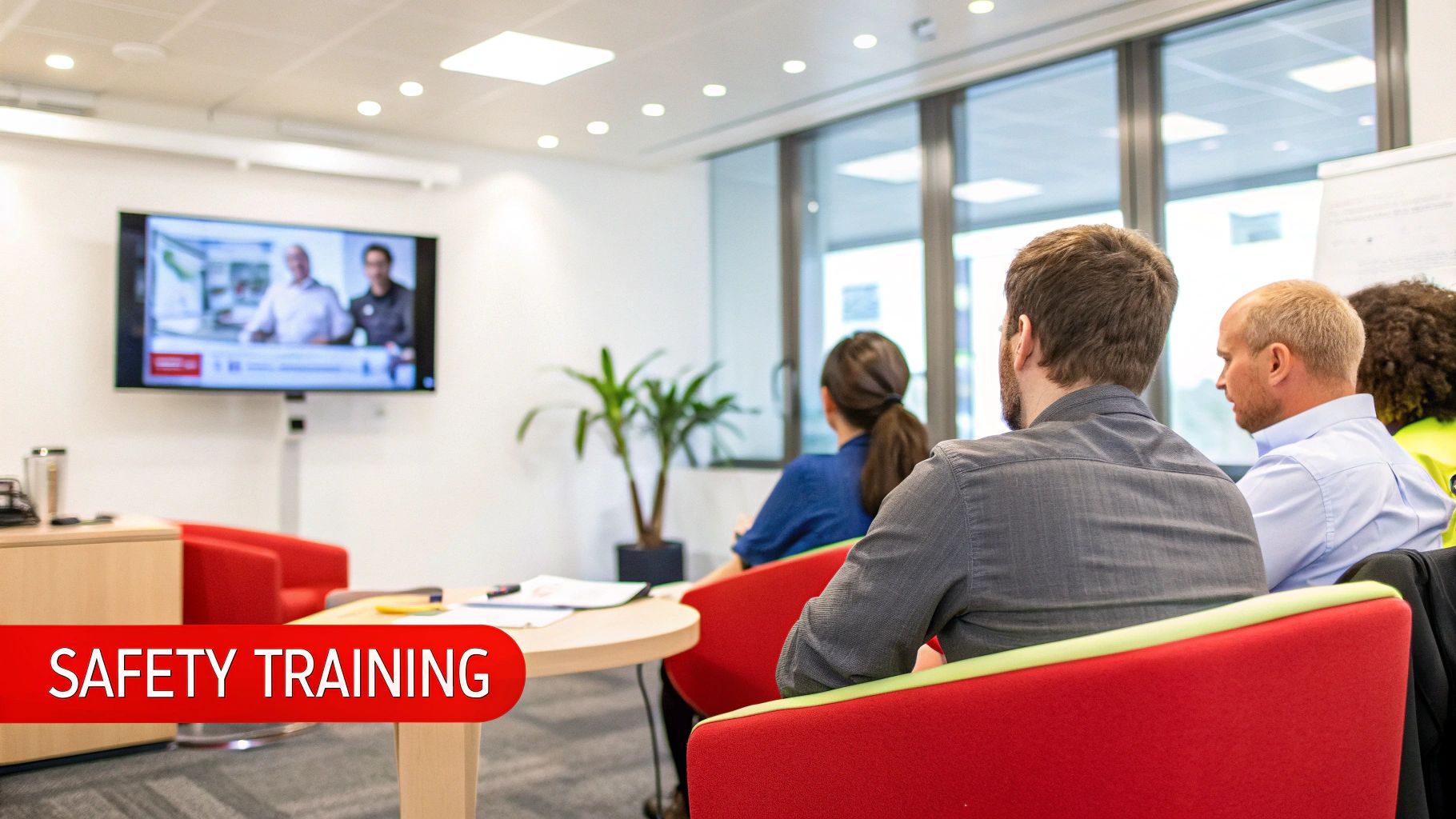 Group participating in safety training session, focused on de-escalation skills, with a presentation visible on screen, emphasizing workplace violence prevention.