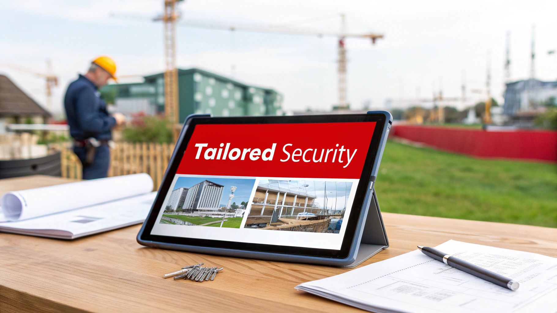 Tablet displaying 'Tailored Security' with building images on a table at a construction site.