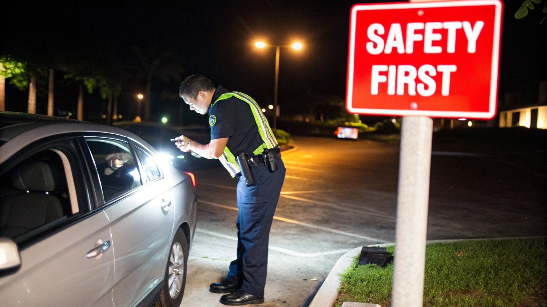 Security officer inspecting a vehicle at night, illuminated by a flashlight, with a "Safety First" sign nearby, emphasizing proactive crime deterrence and accountability in vehicle patrol services.