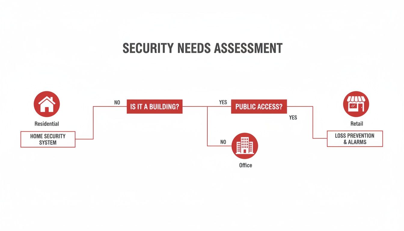 Flowchart illustrating security needs assessment for residential, office, and retail properties with recommended systems.
