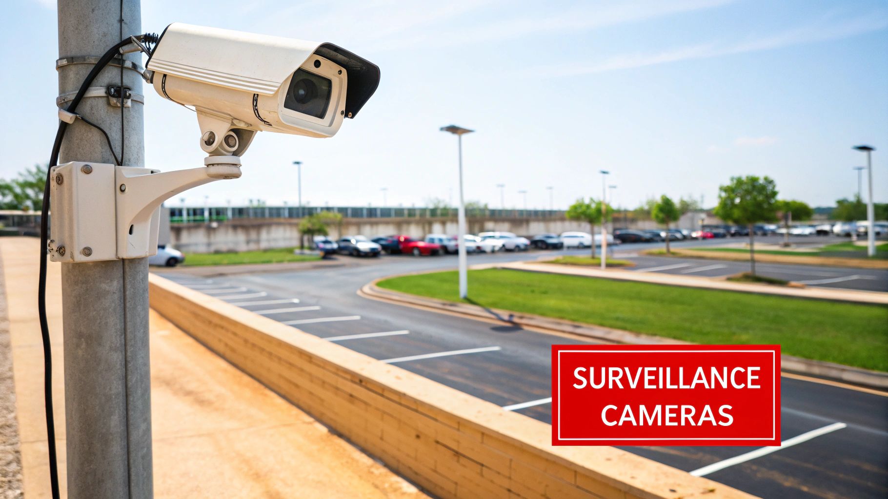 A security professional assessing a lot with a clipboard, focusing on lighting and access points.