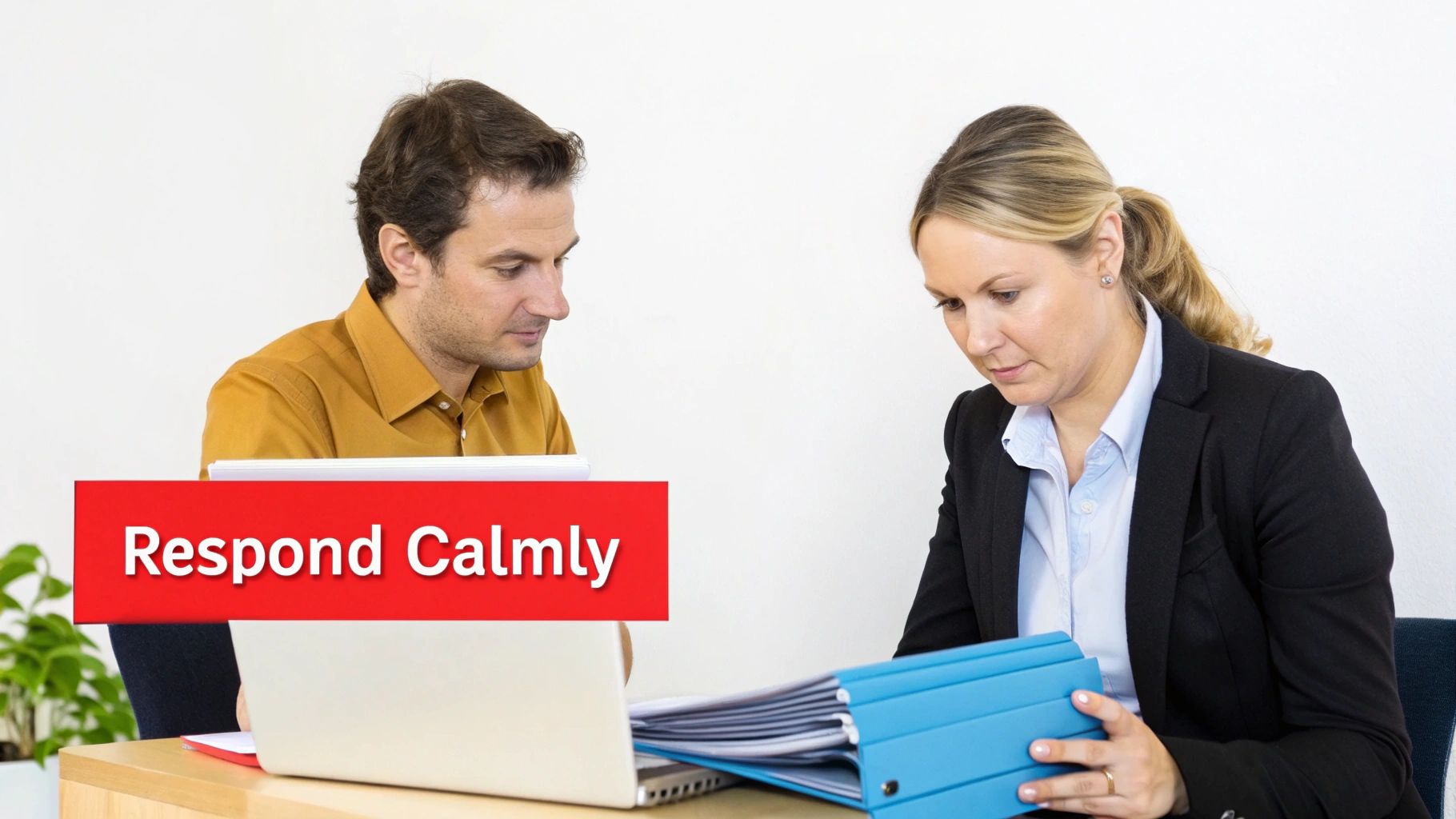 Two professionals, a man and a woman, are reviewing documents and a laptop at an office desk.