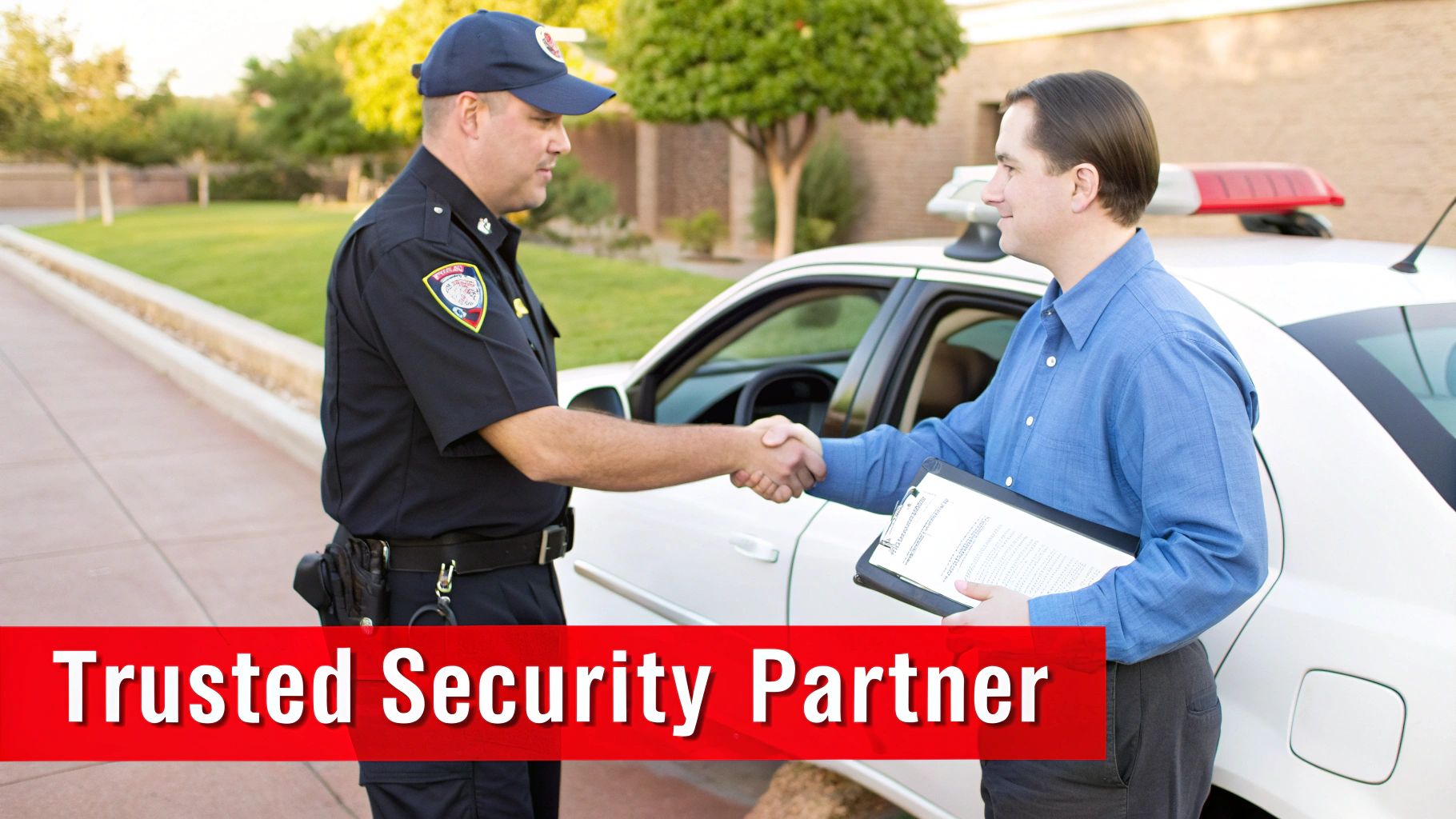 A professional security officer looking at a property checklist, representing choosing a reliable partner.