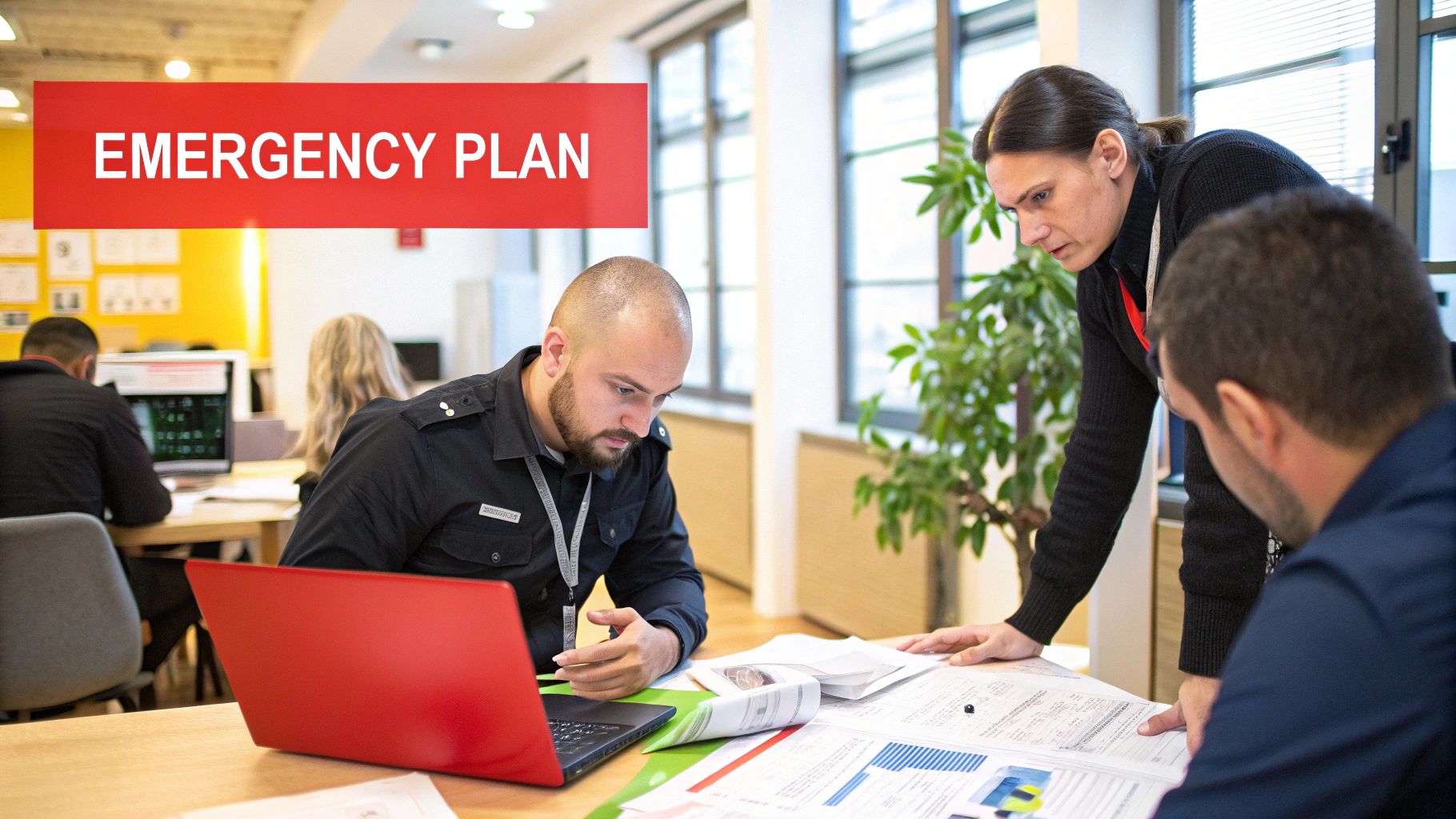 Security team discussing an emergency plan with documents and a laptop in a modern office setting, emphasizing the integration of technology and human expertise for effective building security.
