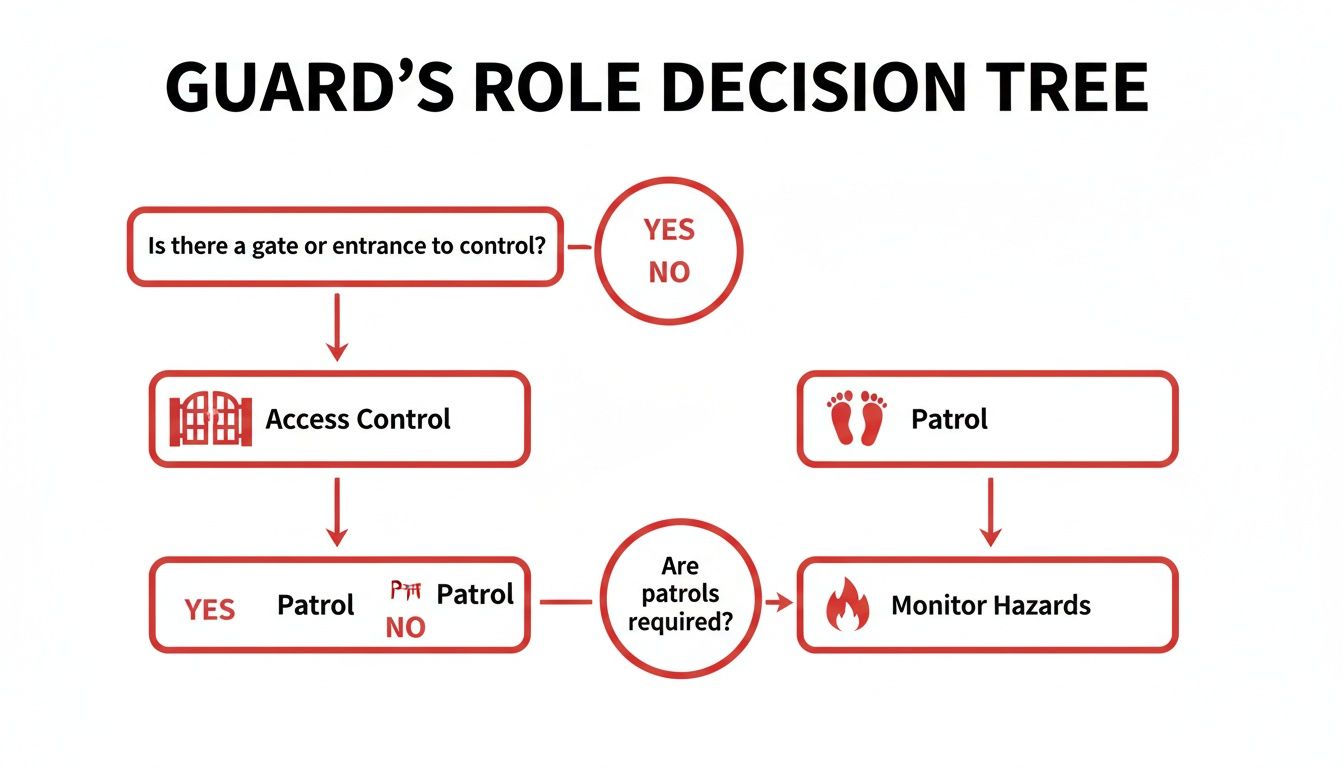 Flowchart illustrating a guard's role decision tree, outlining duties such as access control, patrolling, and monitoring hazards.