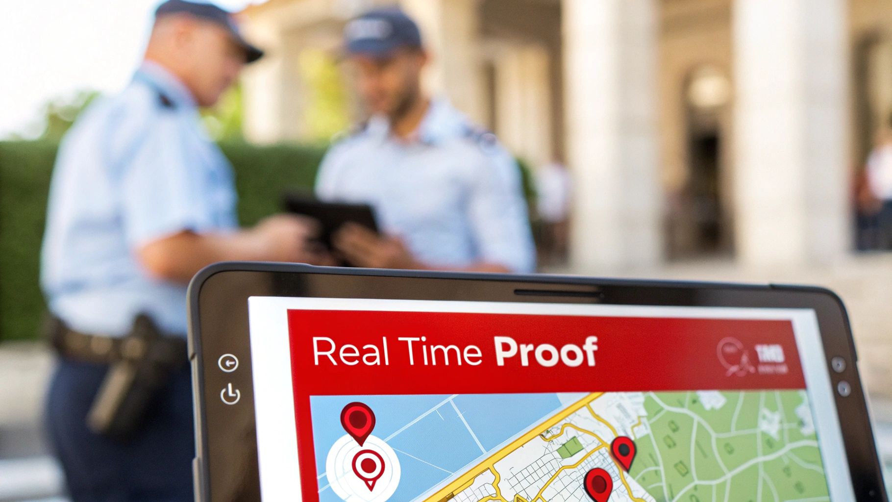 A tablet displays 'Real Time Proof' and a map with location pins, with two security officers in the background.