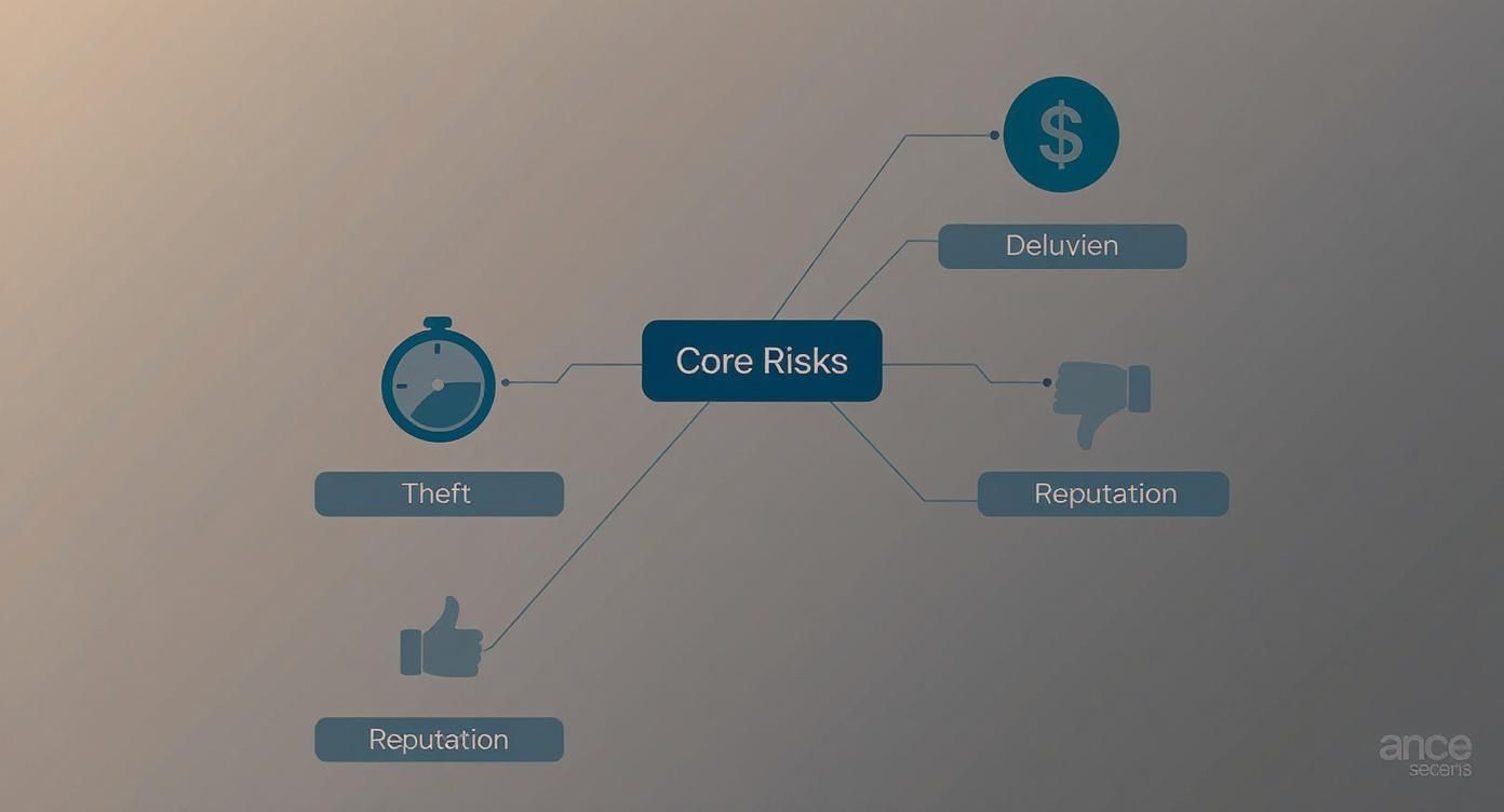 A diagram illustrating core business risks, including financial loss, theft, and reputational damage.