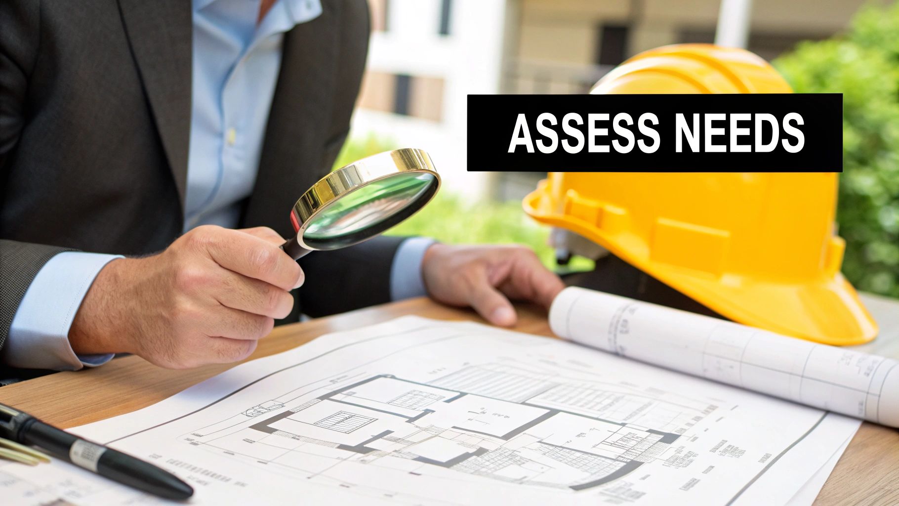 Person examining architectural plans with a magnifying glass, emphasizing the importance of assessing security needs, alongside a yellow hard hat and rolled blueprints, representing the foundational steps in hiring effective security.