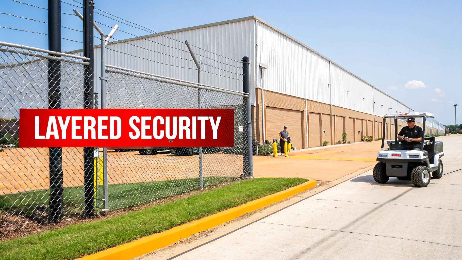 Two security guards, one in a cart, patrol a fenced warehouse with a 'Layered Security' sign.