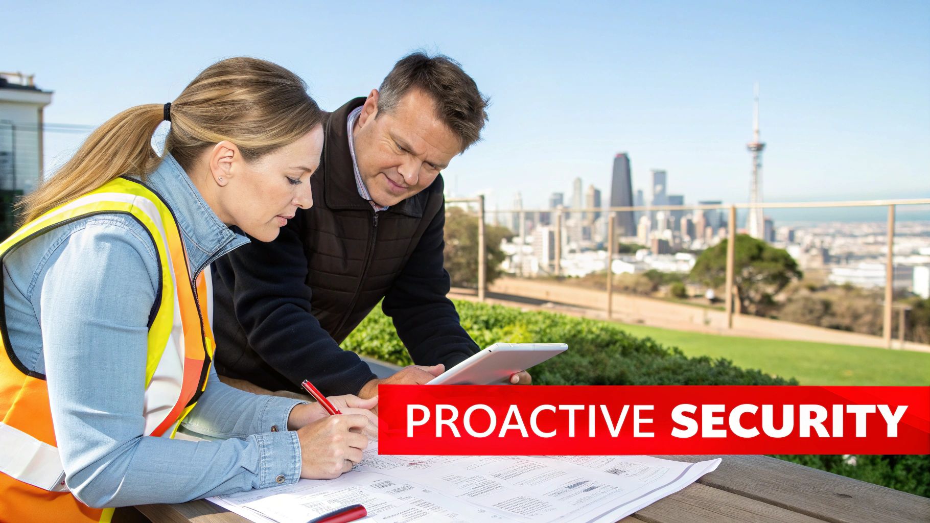 Two security professionals review plans and a tablet with the San Francisco cityscape in the background.