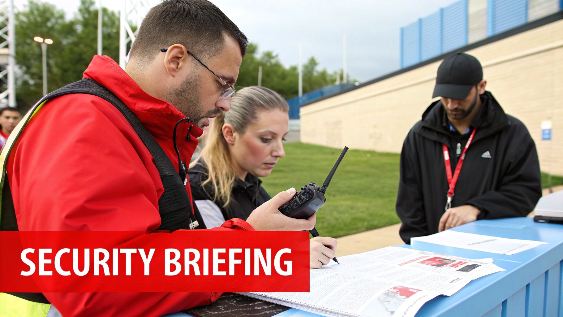 Security guards communicating via radio during an event