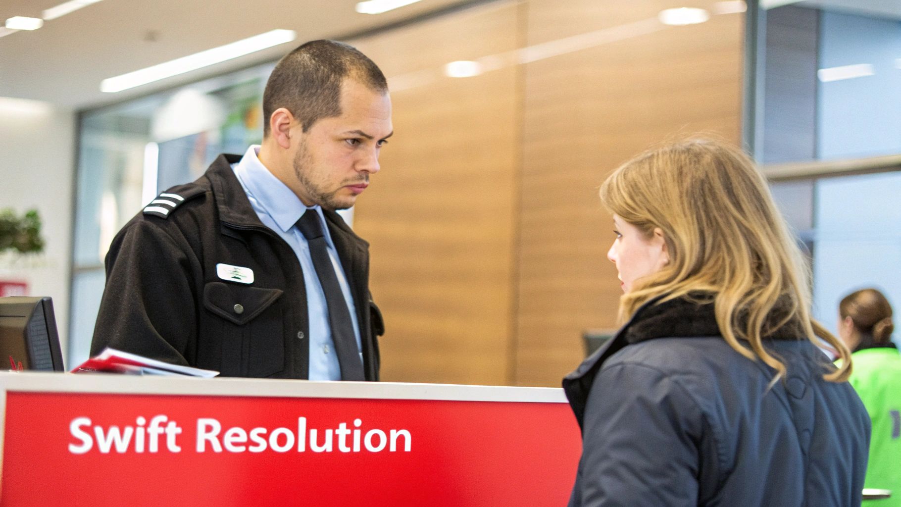 Security guard assisting a customer at a service desk labeled "Swift Resolution," emphasizing proactive customer service in safety and tenant satisfaction.