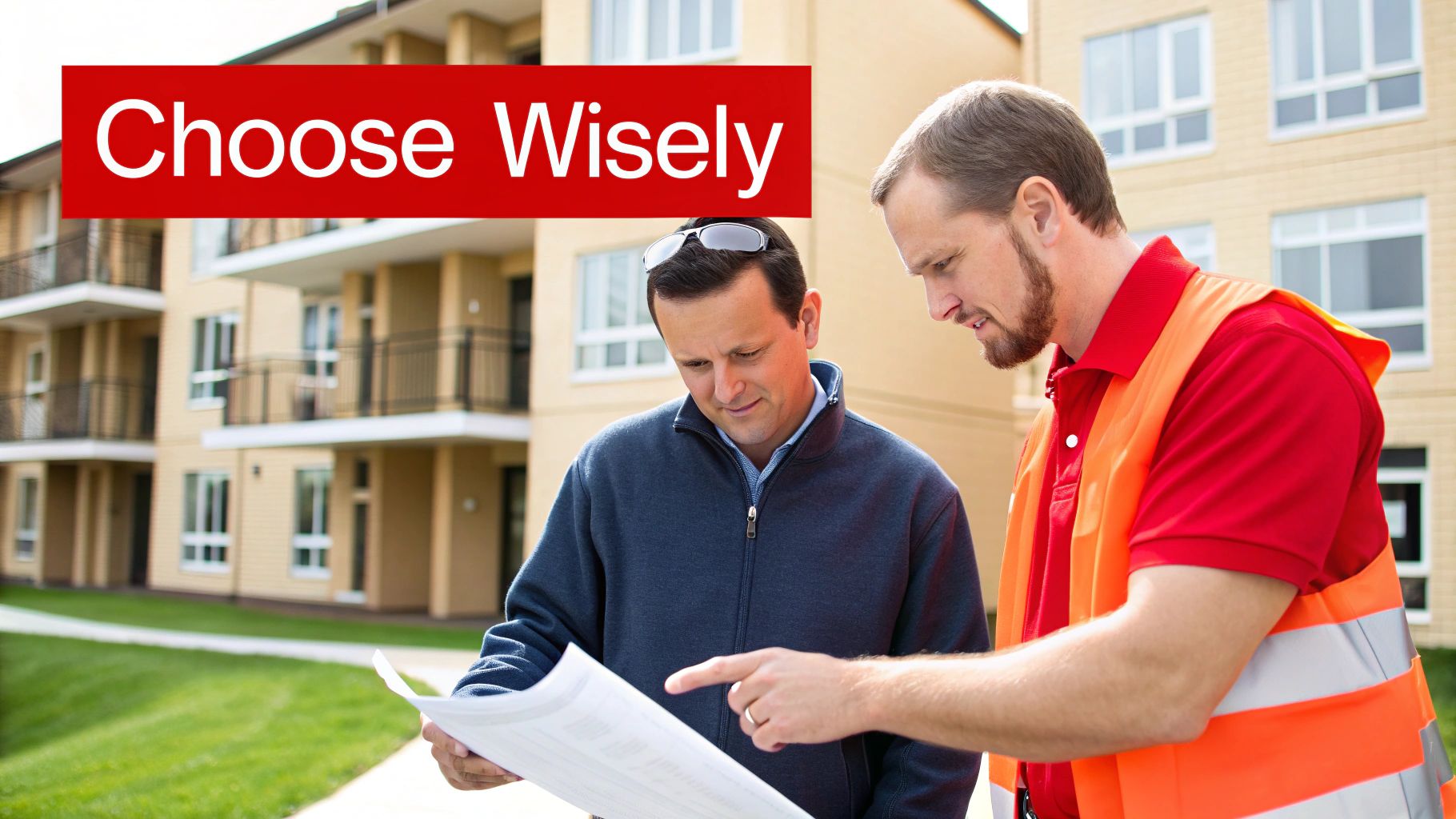 Construction worker in safety vest discussing building plans with property manager outside apartment complex