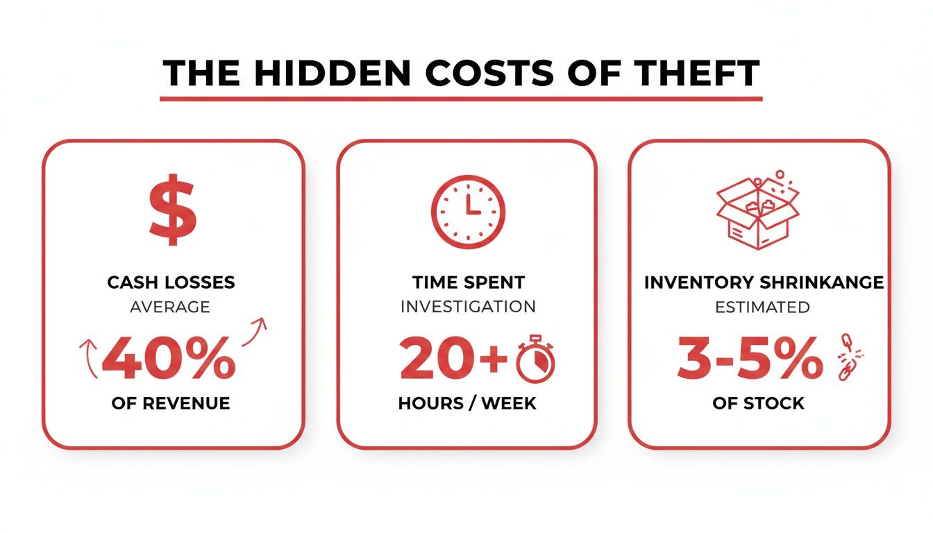 Infographic showing the hidden costs of theft: cash losses, investigation time, and inventory shrinkage.