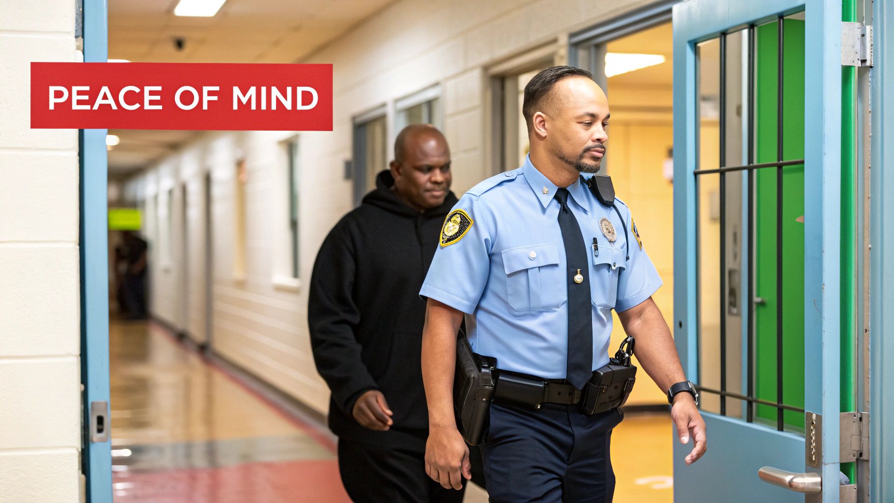 Security officer walking through a corridor with a focus on providing peace of mind, accompanied by a person in a black hoodie, emphasizing safety and professionalism in security services.