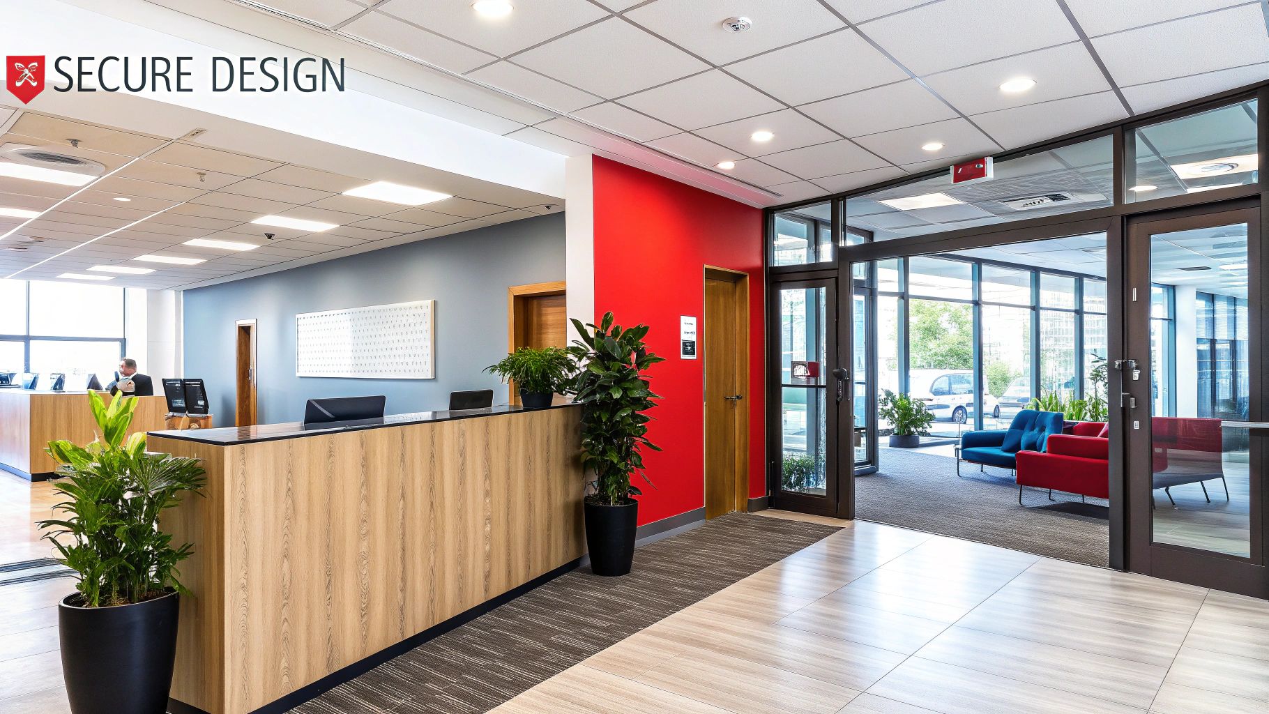Reception area of a security-focused facility featuring a wooden front desk, modern decor, and plants, with "Secure Design" branding visible, emphasizing a professional and safe environment.
