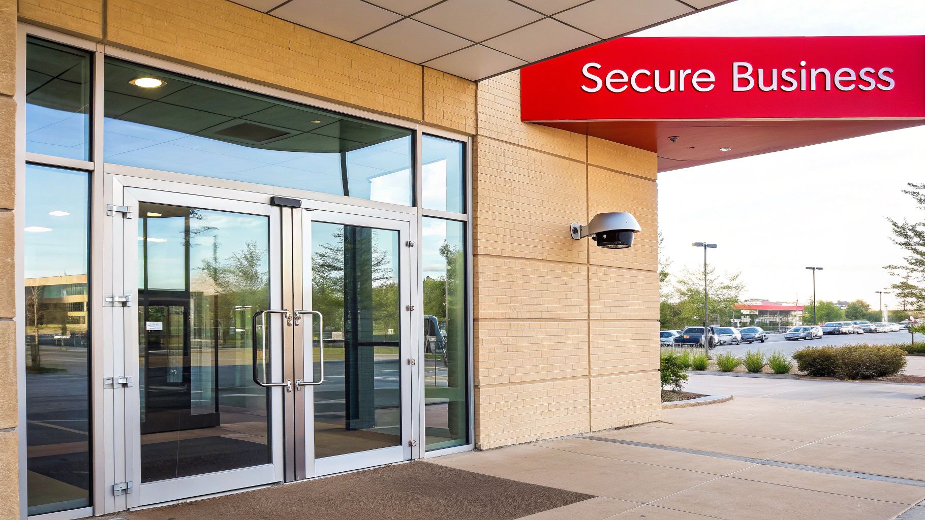 A professional security officer standing in a modern Irvine office lobby.