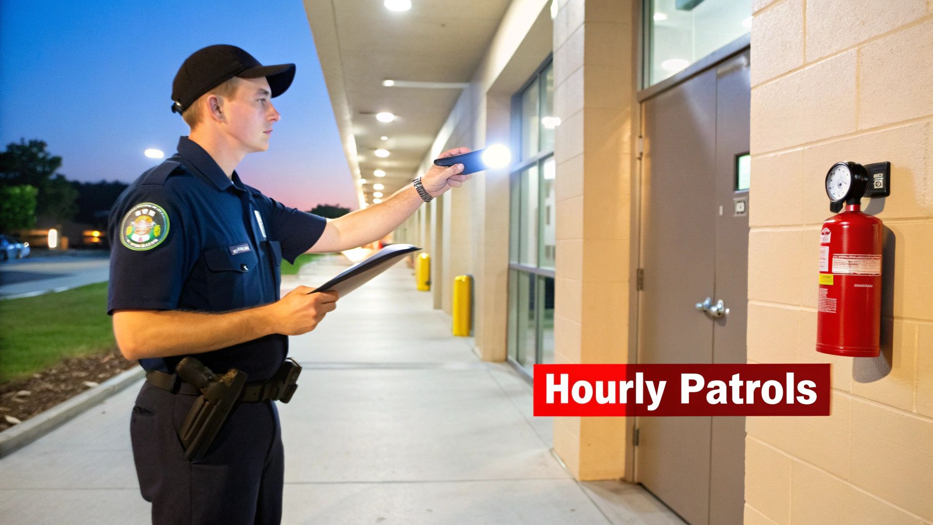 A security guard patrols a building exterior at night, shining a flashlight near a fire extinguisher.