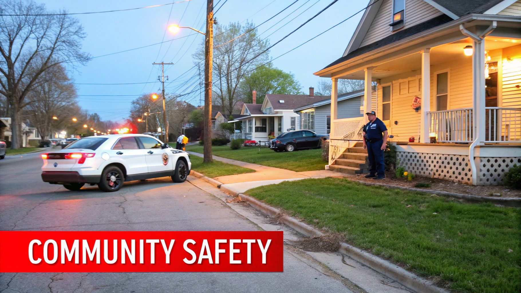 Police vehicle parked on residential street with officer standing guard, emphasizing community safety and mobile patrol services.
