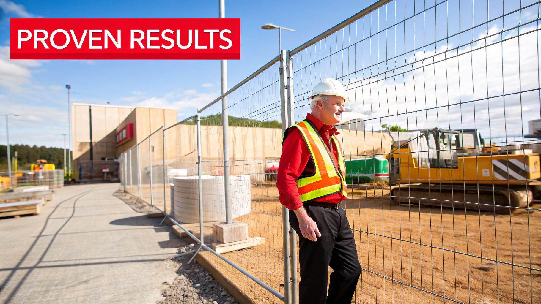 Construction site manager in safety vest and hard hat, overseeing project with heavy machinery in background, emphasizing proven results in site security.