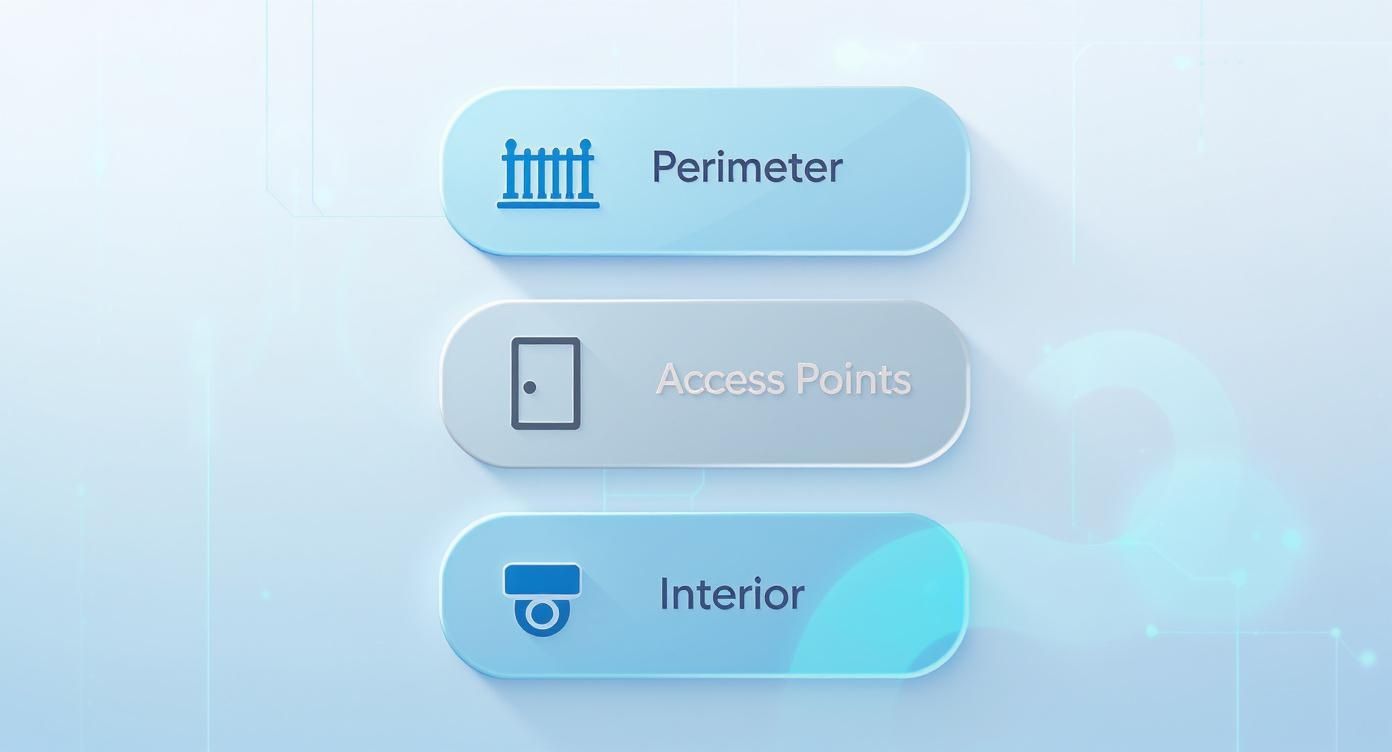 Three security zone options showing perimeter, access points, and interior warehouse protection levels
