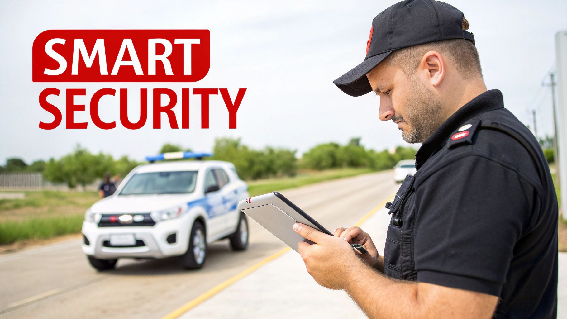 Professional security guard in uniform writing notes on tablet near patrol vehicle on road