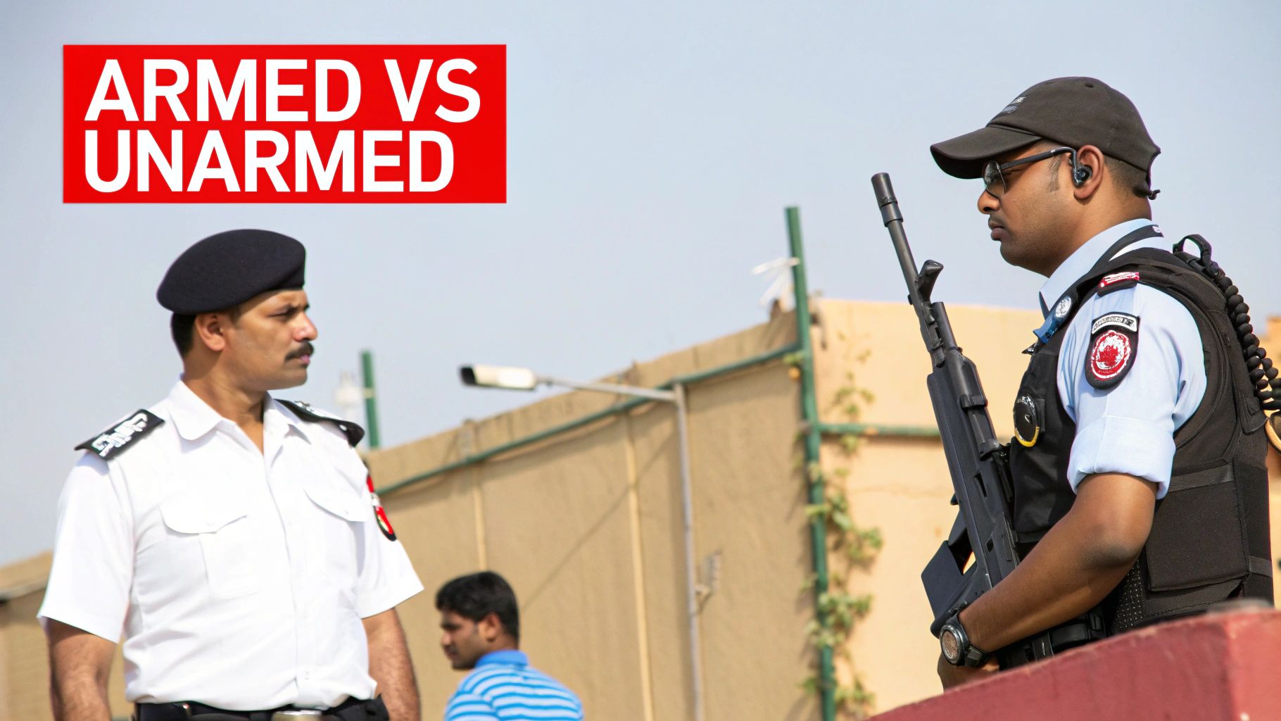 Armed and unarmed security guards in uniform, discussing security options, with a focus on safety and protection in high-risk environments.