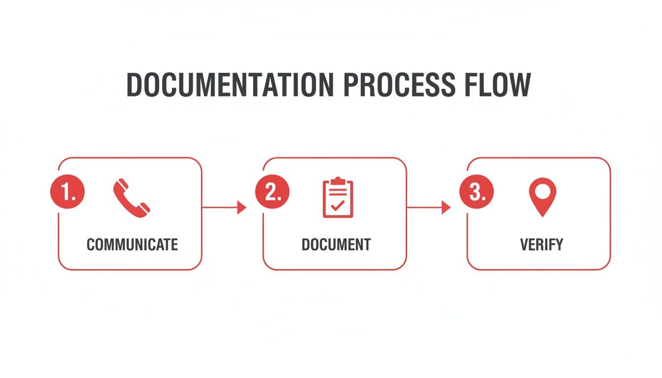 A simple 3-step documentation process flow diagram showing communicate, document, and verify stages.