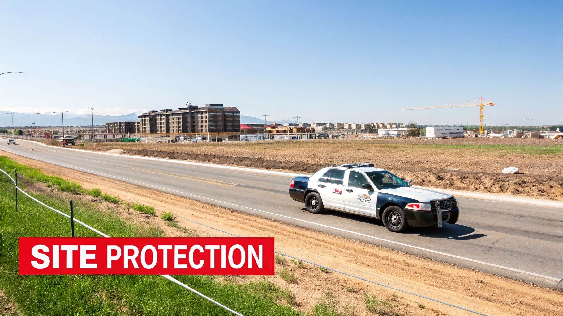 A police car drives past a construction site with buildings and a crane, featuring a 'SITE PROTECTION' banner.