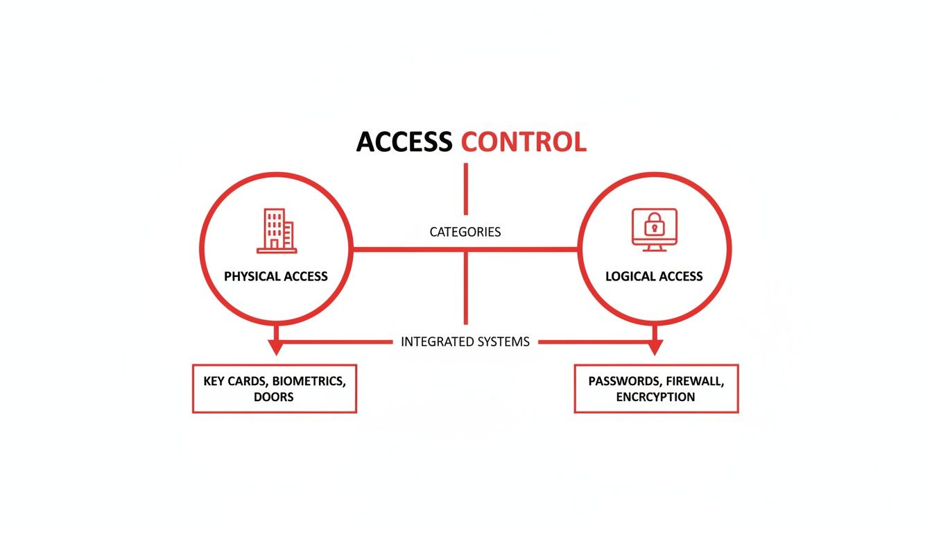 Infographic explaining access control, detailing physical access methods and logical access technologies.