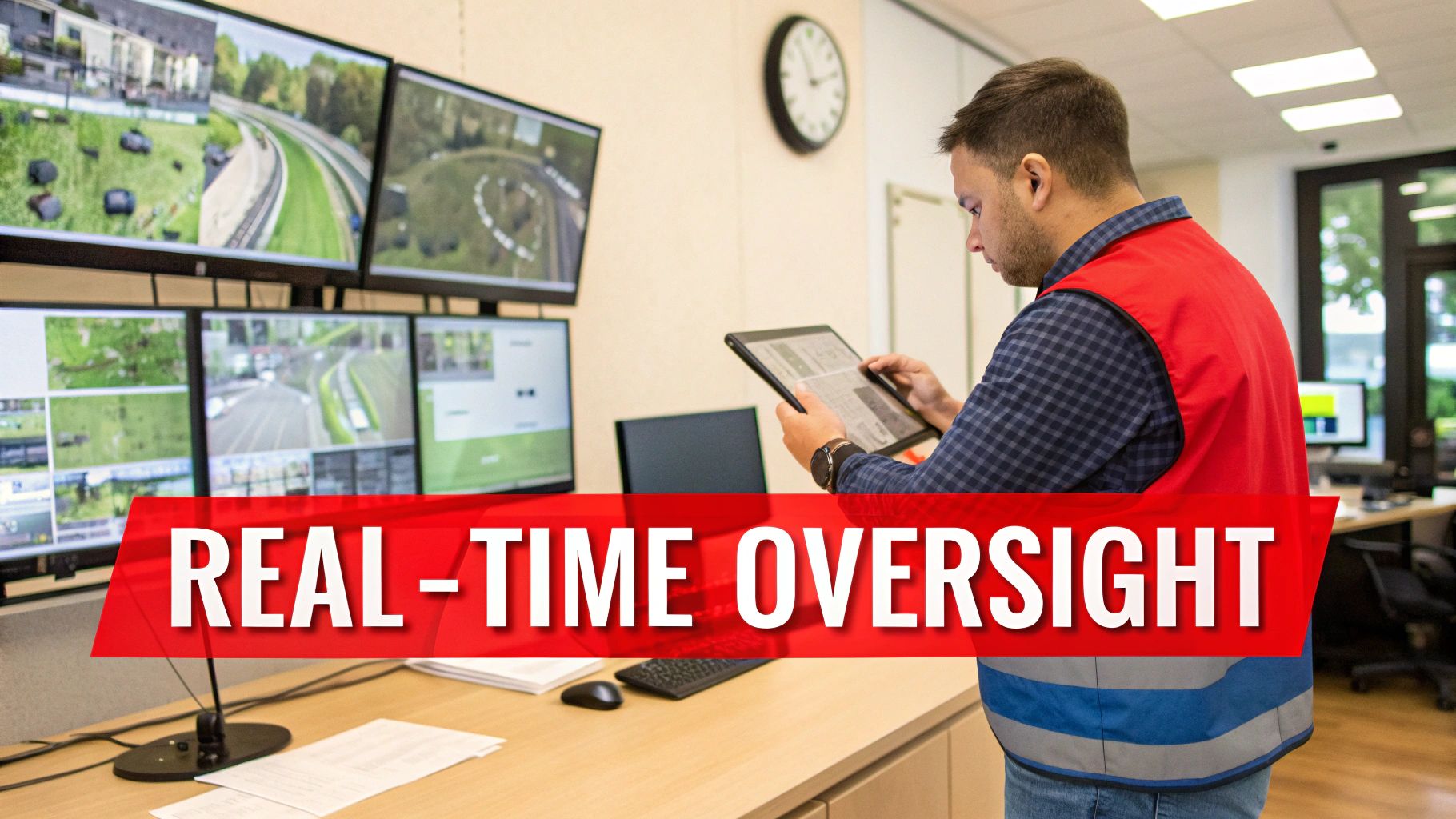 A man in a safety vest monitors multiple surveillance screens and a tablet in a control room.