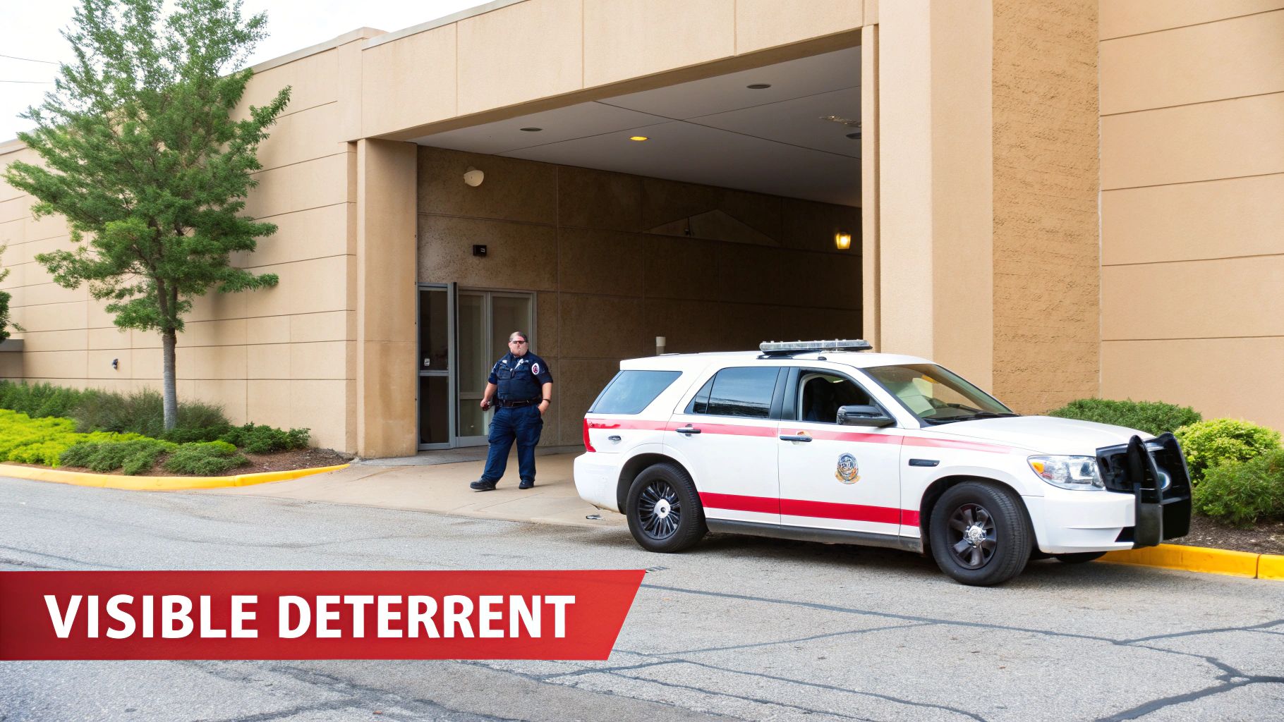 A security guard stands by a white patrol SUV near a building entrance, ensuring visible security.