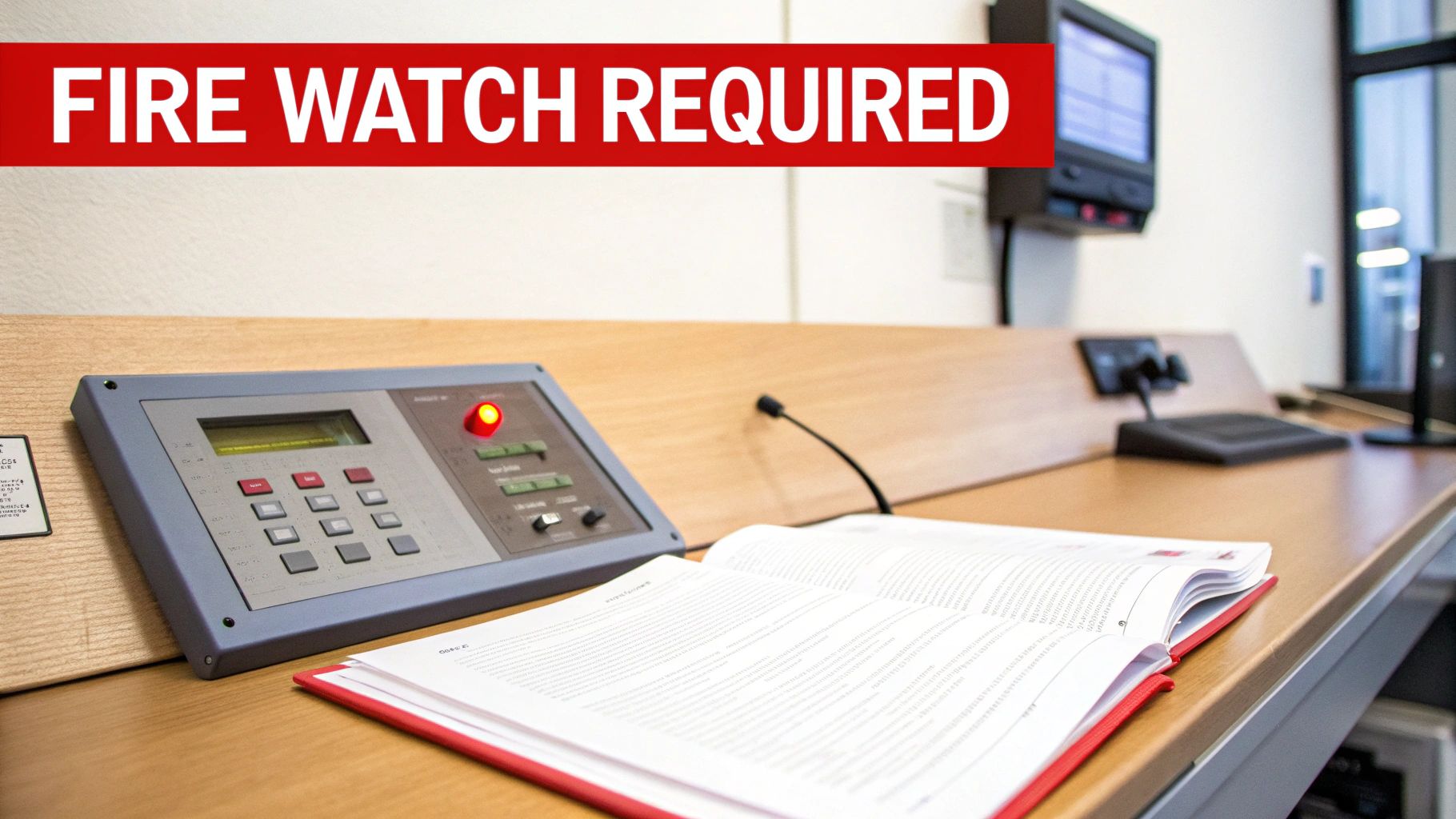 A red sign states "FIRE WATCH REQUIRED" above a fire alarm control panel with a flashing red light and an open book on a wooden desk.