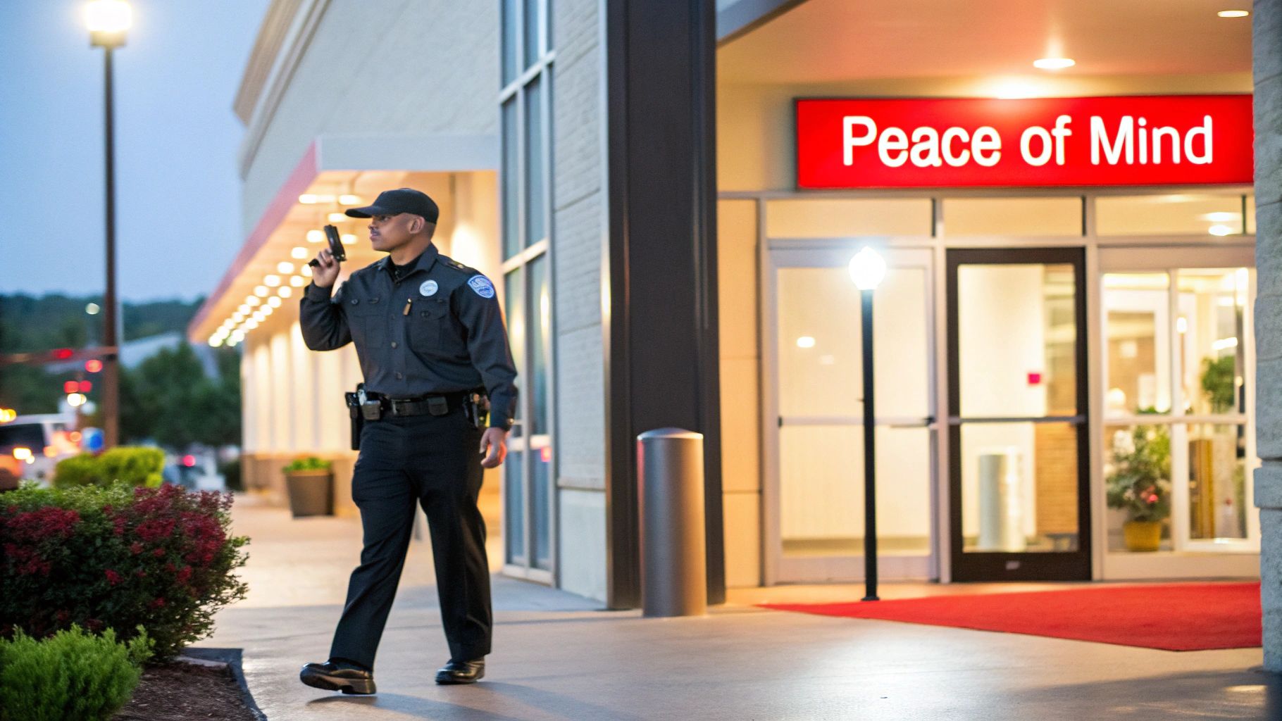 Uniformed security officer walking outside a building with a "Peace of Mind" sign, holding a radio, symbolizing visible security presence and proactive patrol services.