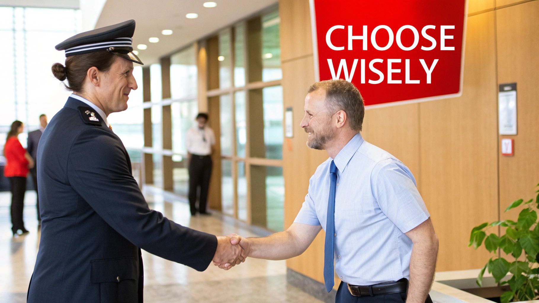 Security guard shaking hands with a business professional in a corporate lobby, with a "Choose Wisely" sign in the background, illustrating the importance of selecting the right commercial security services.
