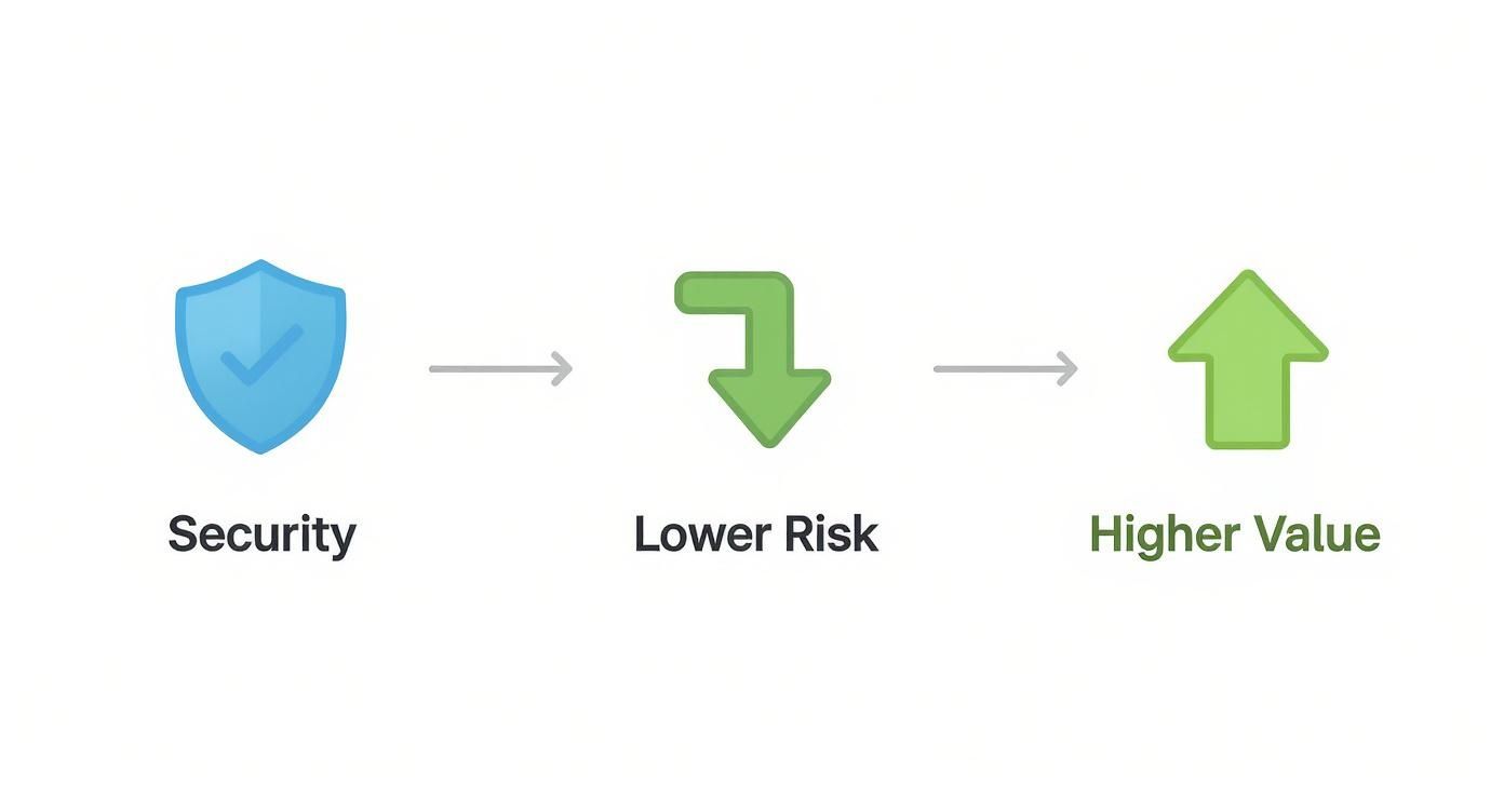 Diagram illustrating that security, represented by a shield, leads to lower risk and higher value.