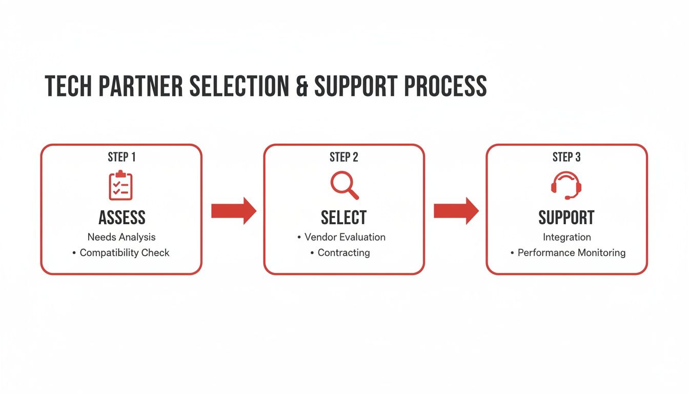 A flowchart illustrating the three-step tech partner selection and support process.