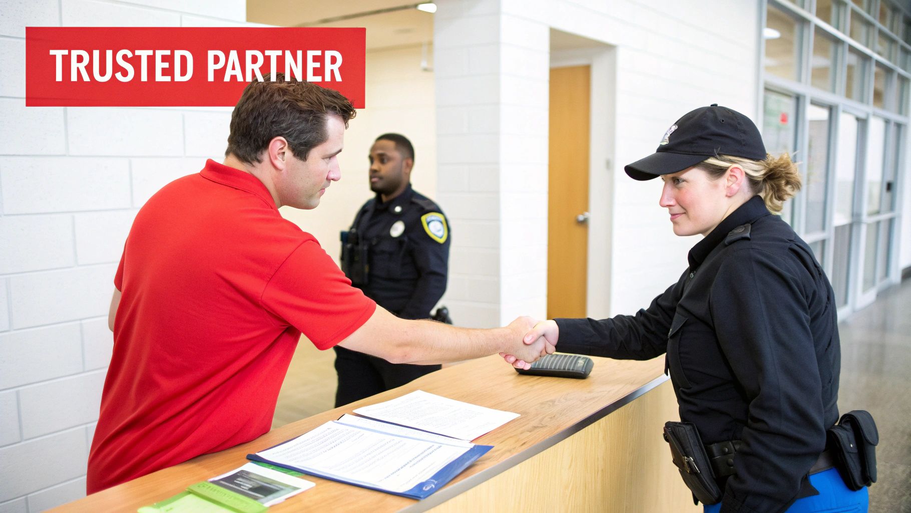 A man in a red shirt shakes hands with a female security guard at a desk.
