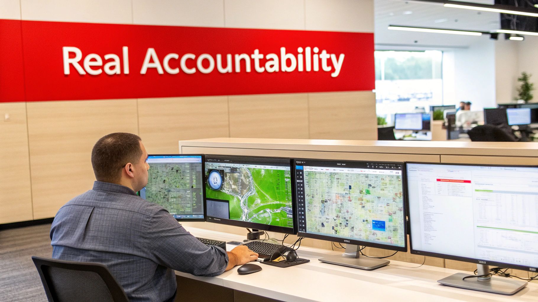 A man monitors multiple computer screens displaying maps and data in an office with a 'Real Accountability' sign.