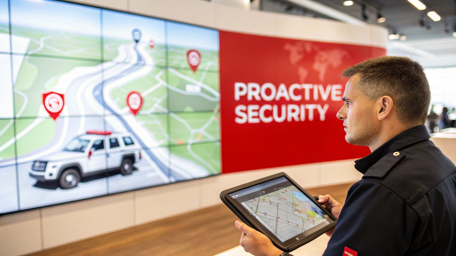 A security guard uses a tablet with a map, looking at a large screen displaying vehicle tracking and 'PROACTIVE SECURITY'.