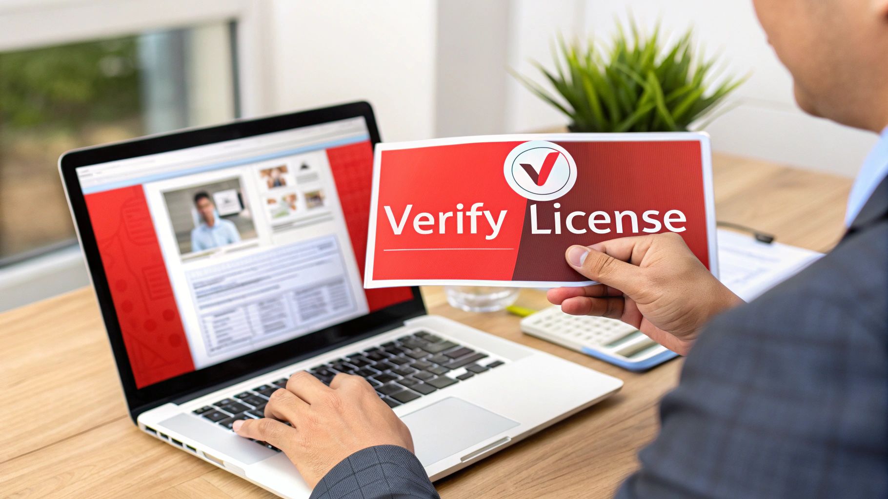 A professional verifies a license online using a laptop and a 'Verify License' card.