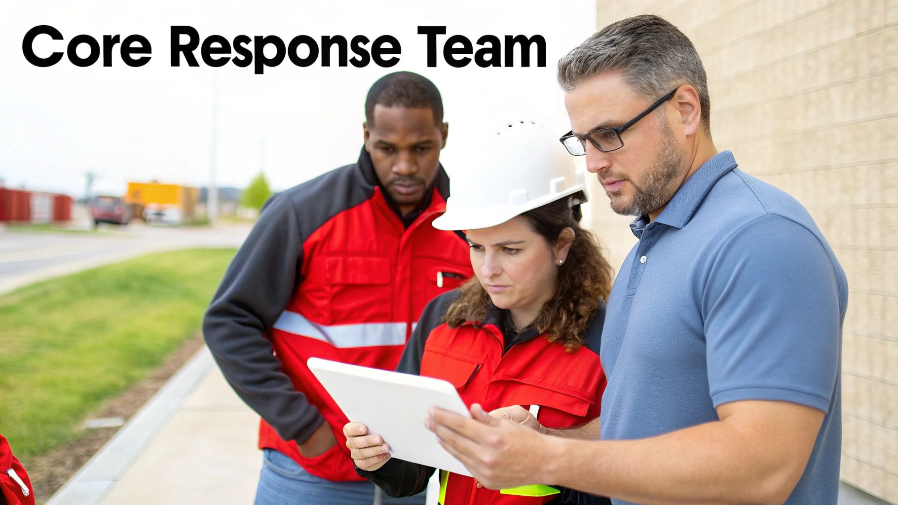 Core response team collaborating on incident management, featuring a woman in a hard hat and red jacket using a tablet, alongside two men in safety attire, emphasizing teamwork in security incident response planning.
