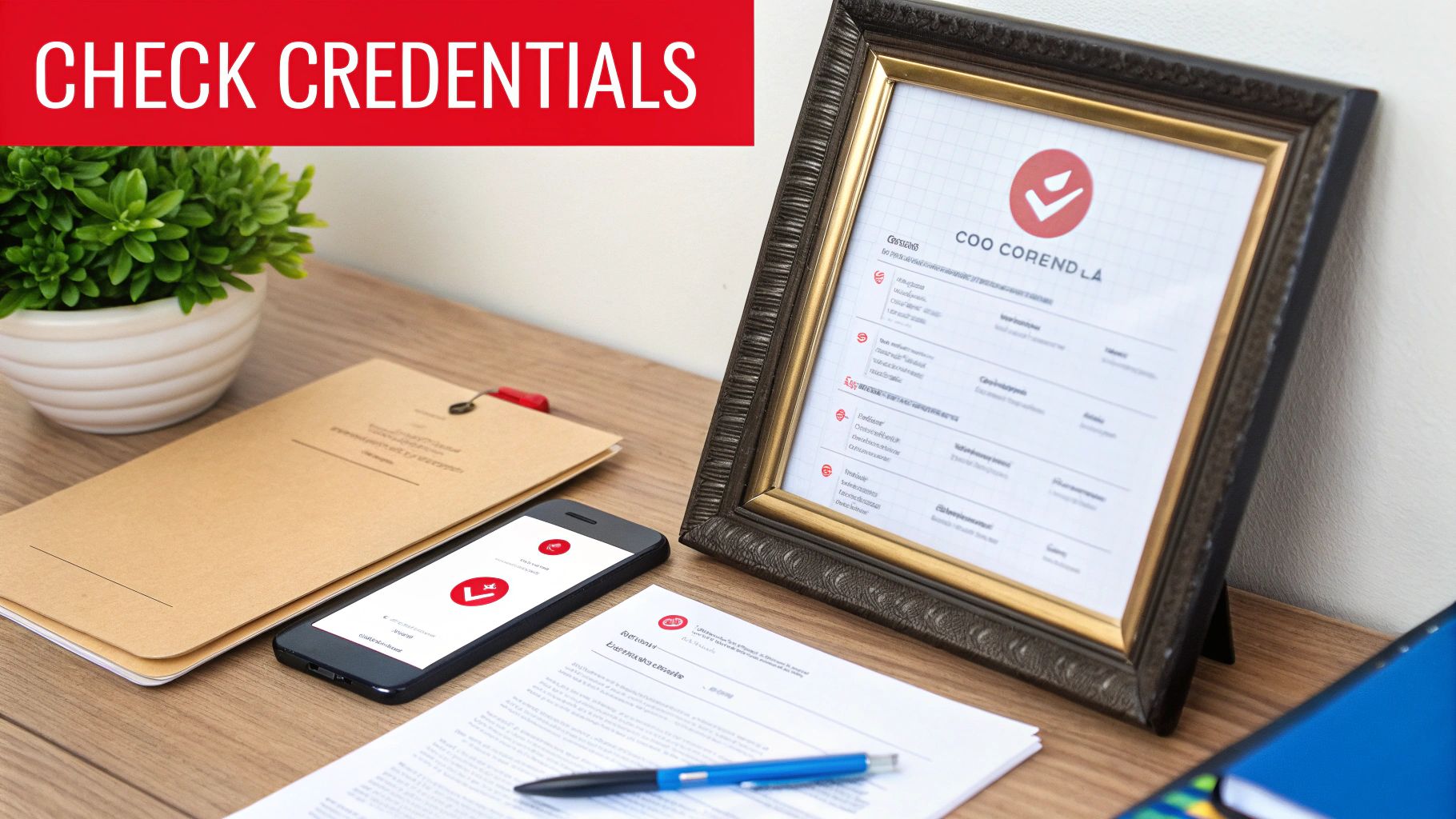 Professional desk setting with a framed credential document, smartphone, and papers, for verification.